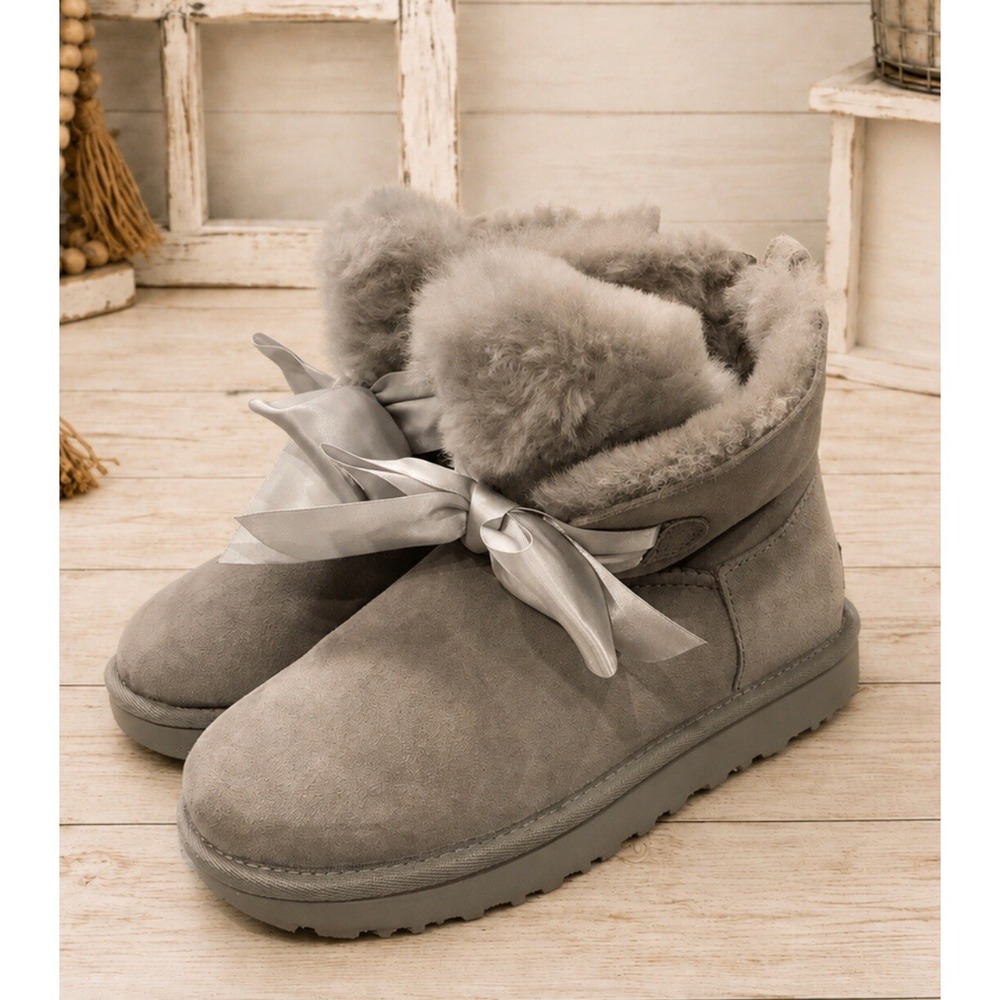 UGG GITA BOW MINI SEAL GREY GRAY SUEDE SHEARLING LINED BOOT US SIZE 6